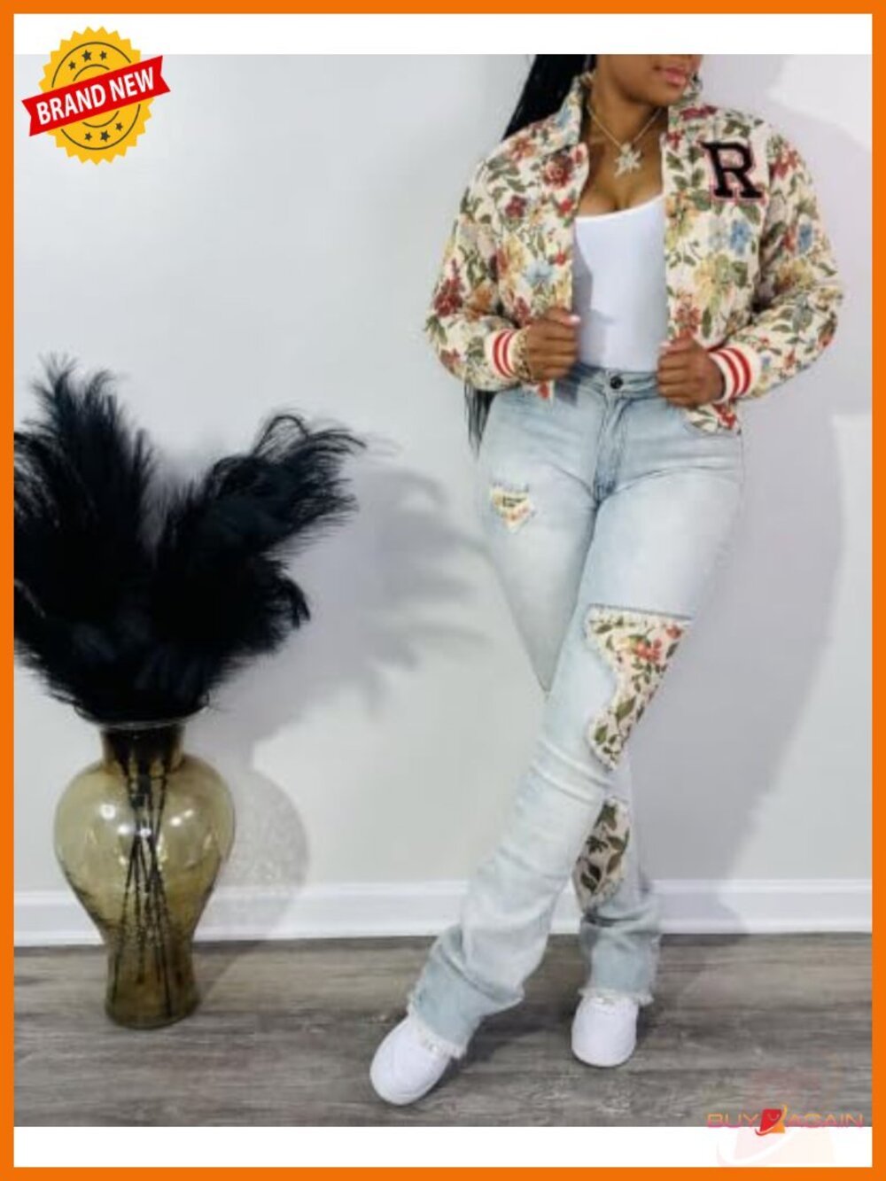 Womens Cropped Floral Bomber Jacket Snap Button Varsity Casual - Picture 5 of 5